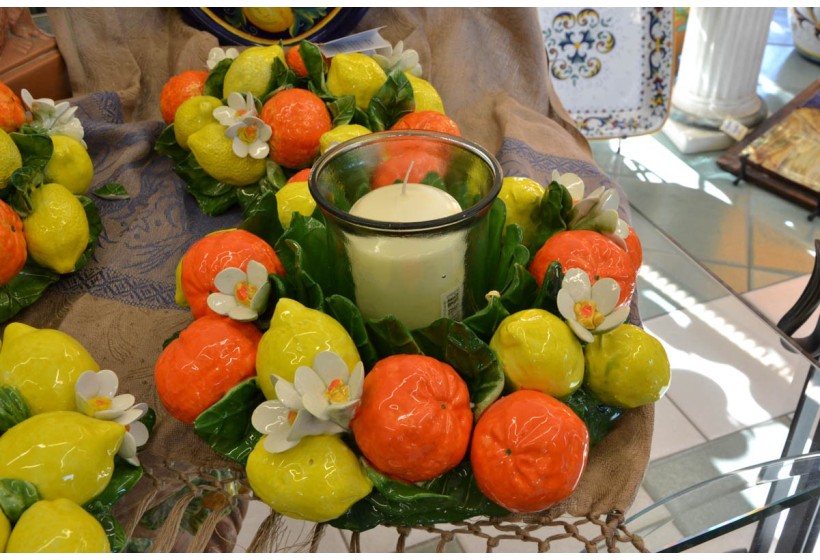 Centerpiece Candleholder Round Oranges, Lemons and Flowers