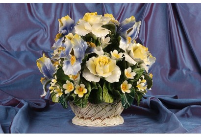 Round Basket Iris and Blue and Yellow Roses