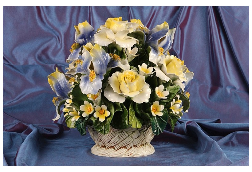 Round Basket Iris and Blue and Yellow Roses