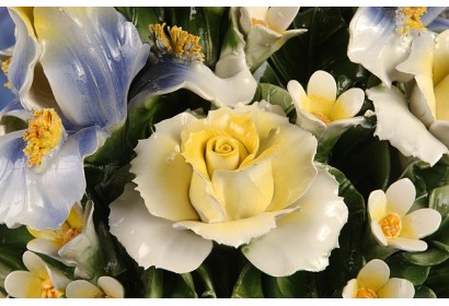 Round Basket Iris and Blue and Yellow Roses