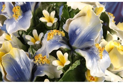 Round Basket Iris and Blue and Yellow Roses