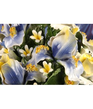 Round Basket Iris and Blue and Yellow Roses